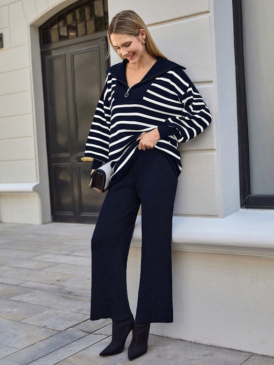 Half-Zip Striped Drop Shoulder Sweater Two-Piece Set