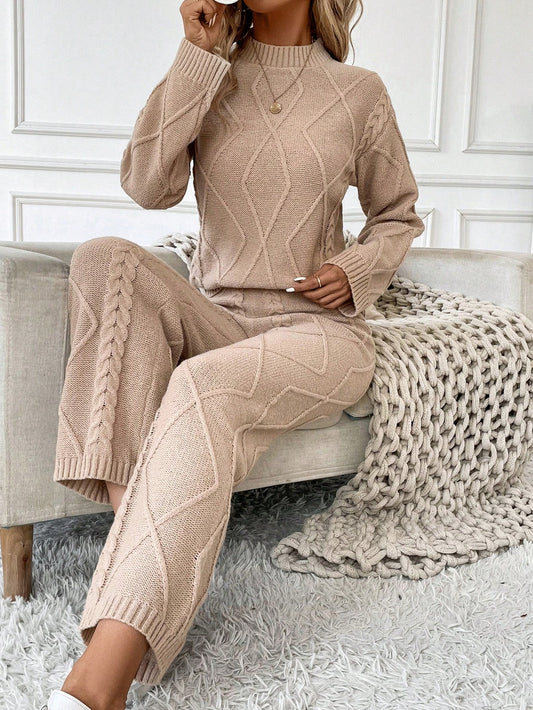 Solid Color Stand Collar Long Sleeve Top And Pants Casual Sweater Set (2 Pcs Set)