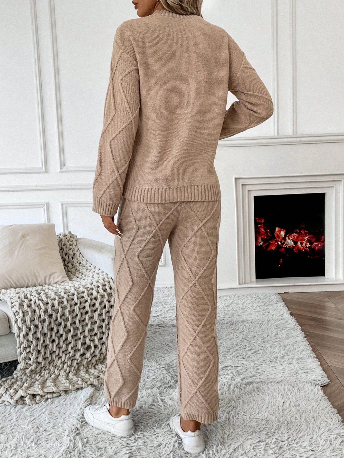 Solid Color Stand Collar Long Sleeve Top And Pants Casual Sweater Set (2 Pcs Set)