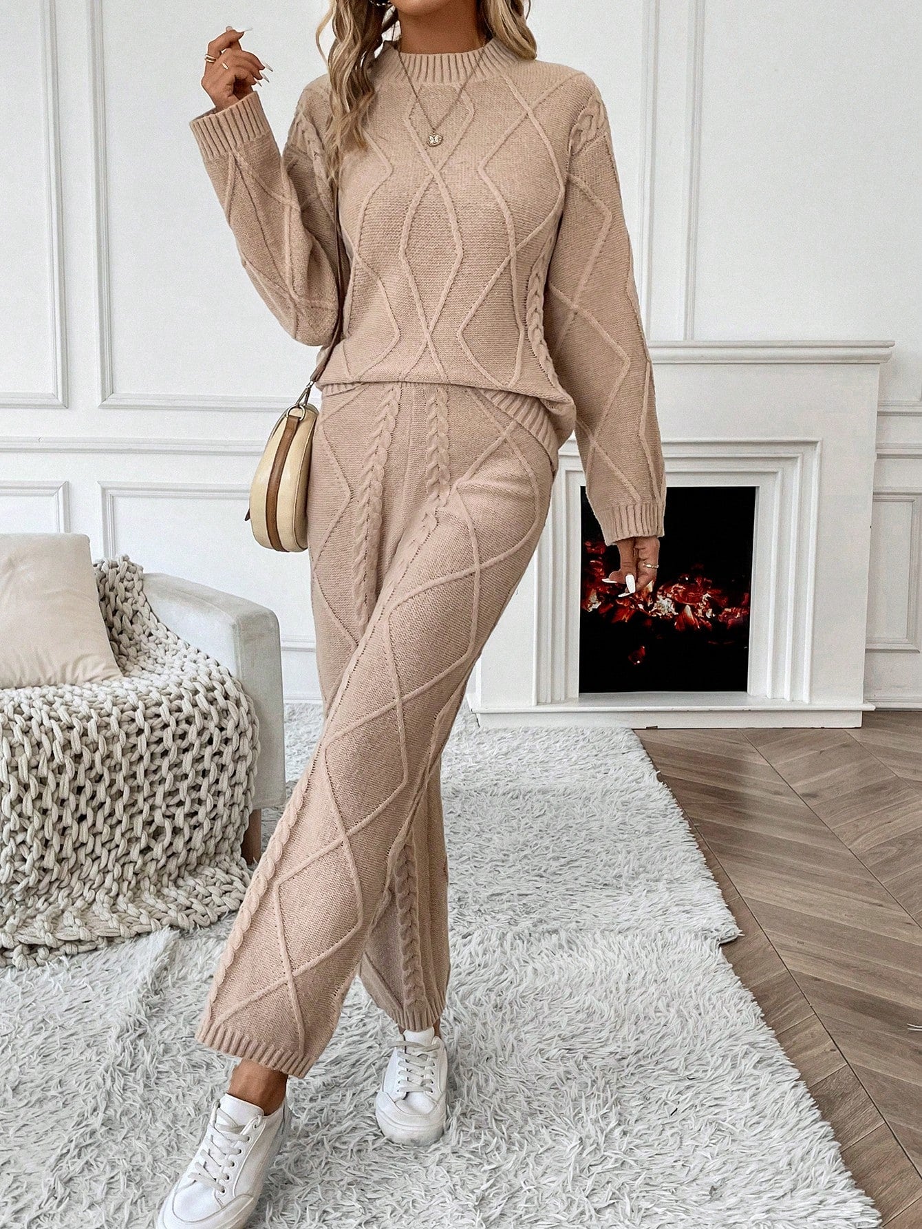 Solid Color Stand Collar Long Sleeve Top And Pants Casual Sweater Set (2 Pcs Set)