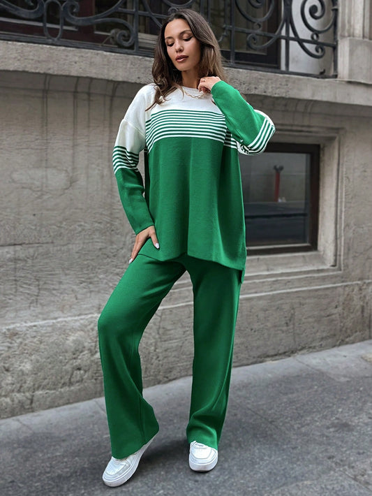 Color Block Striped Drop Shoulder Sweater & Knit Pants (2 Pcs Set)