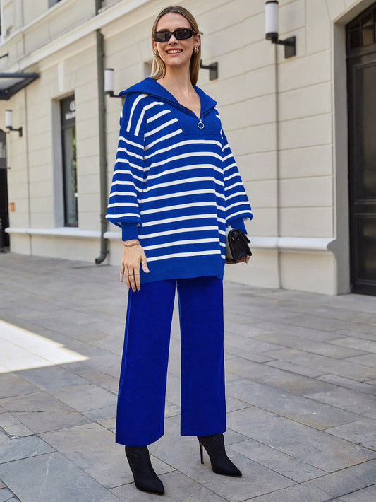 Half-Zip Striped Drop Shoulder Sweater Two-Piece Set