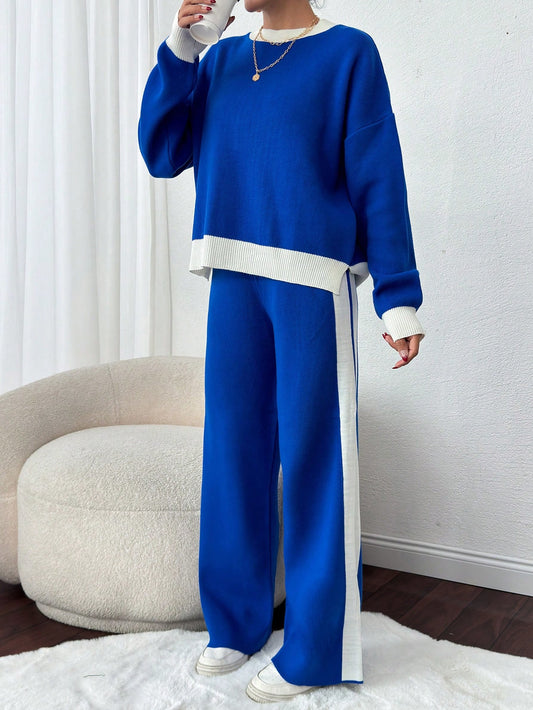 Contrasting Blue & White Striped Loose Cropped Long Sleeve Knit Sweater & Pants (2 Pcs Set)