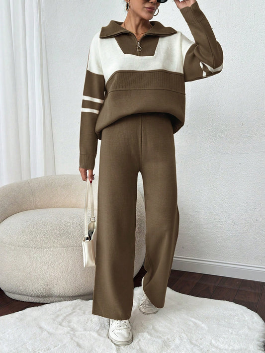 Colorblock Sweater And Sweater Pants (2 Pcs Set)