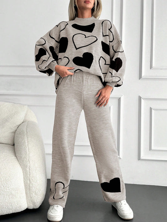 Casual Heart Graphic Lantern Sleeve Sweater And Ankle Length Pants Set (2 Pcs Set)