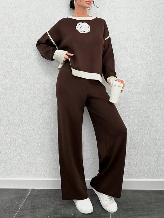 Flower Embroidery Pullover Pant Knit Set (2 Pcs Set)