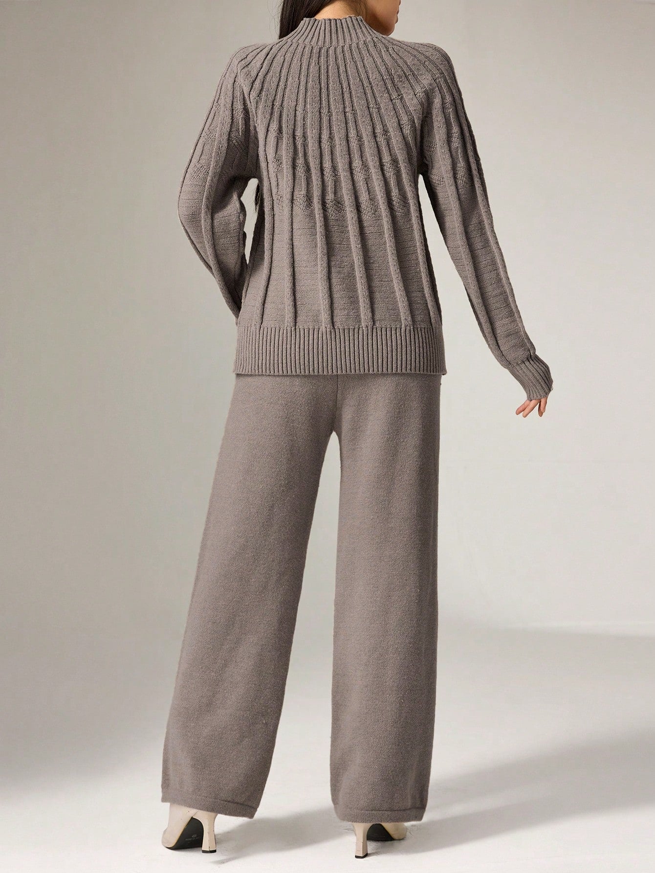 Solid Color Stand Collar Long Sleeve Top And Trousers Elegant Knitted Sweater Suit (2 Pcs Set)