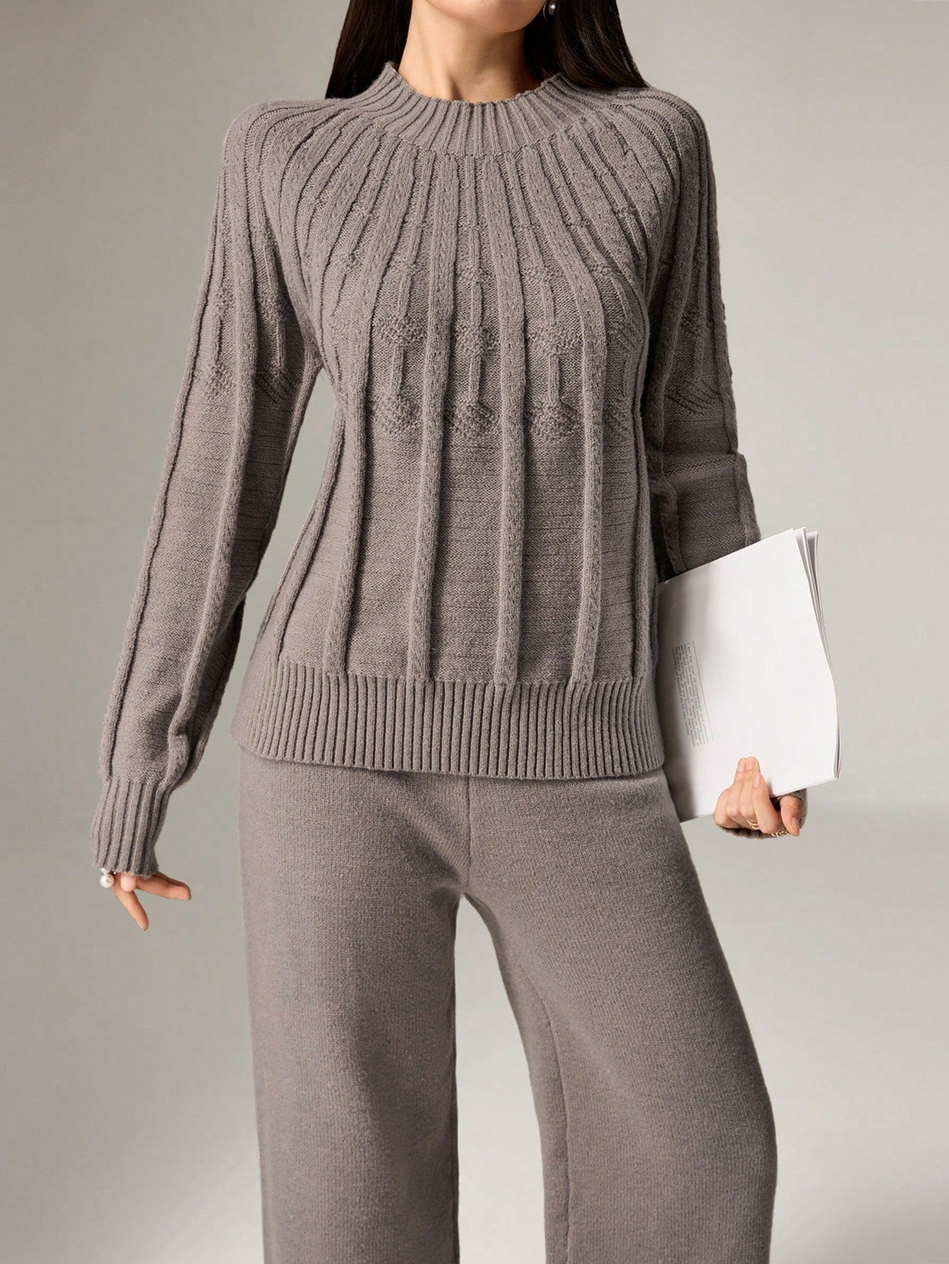 Solid Color Stand Collar Long Sleeve Top And Trousers Elegant Knitted Sweater Suit (2 Pcs Set)