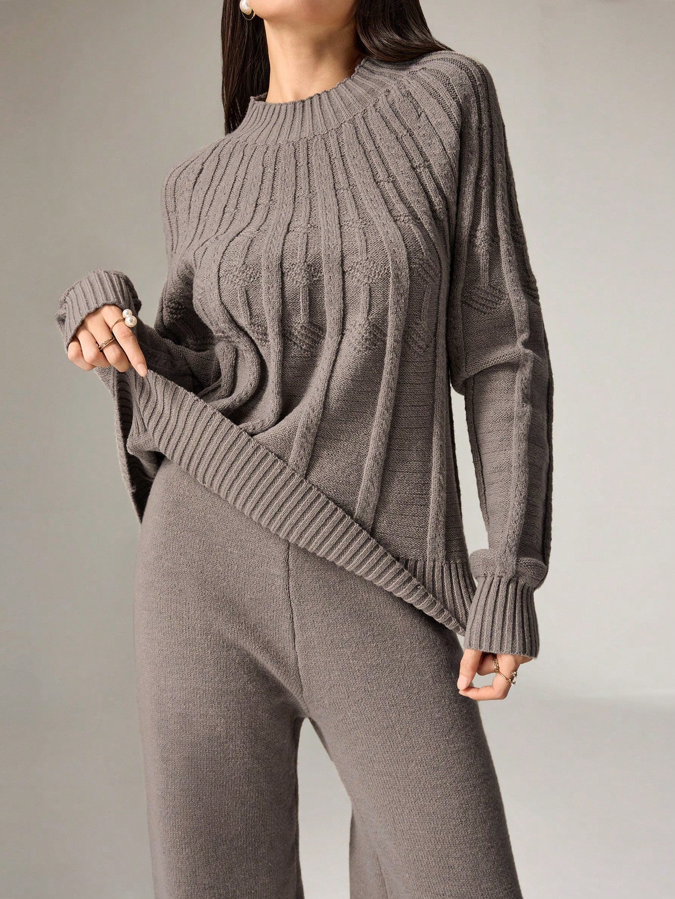 Solid Color Stand Collar Long Sleeve Top And Trousers Elegant Knitted Sweater Suit (2 Pcs Set)