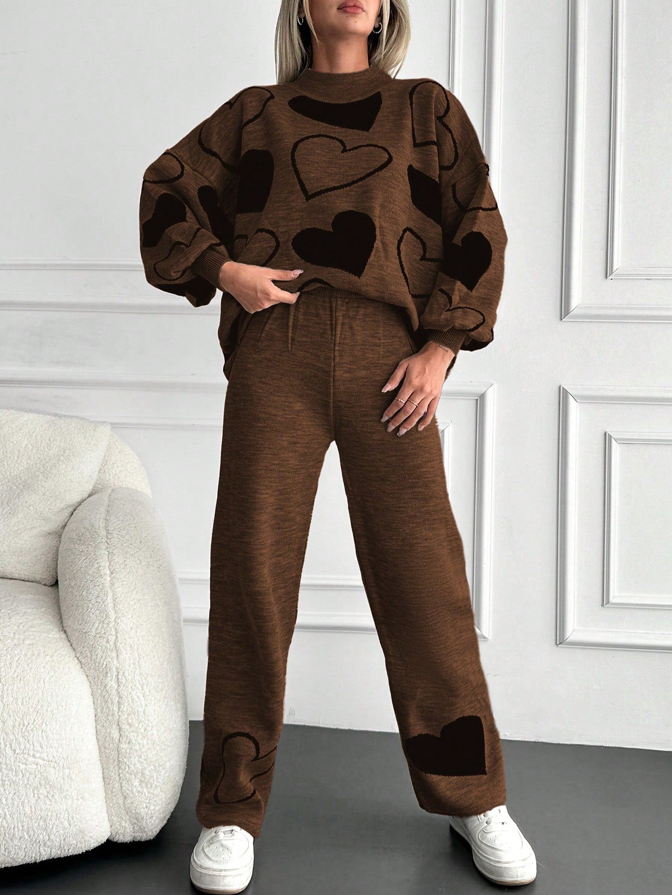 Casual Heart Graphic Lantern Sleeve Sweater And Ankle Length Pants Set (2 Pcs Set)