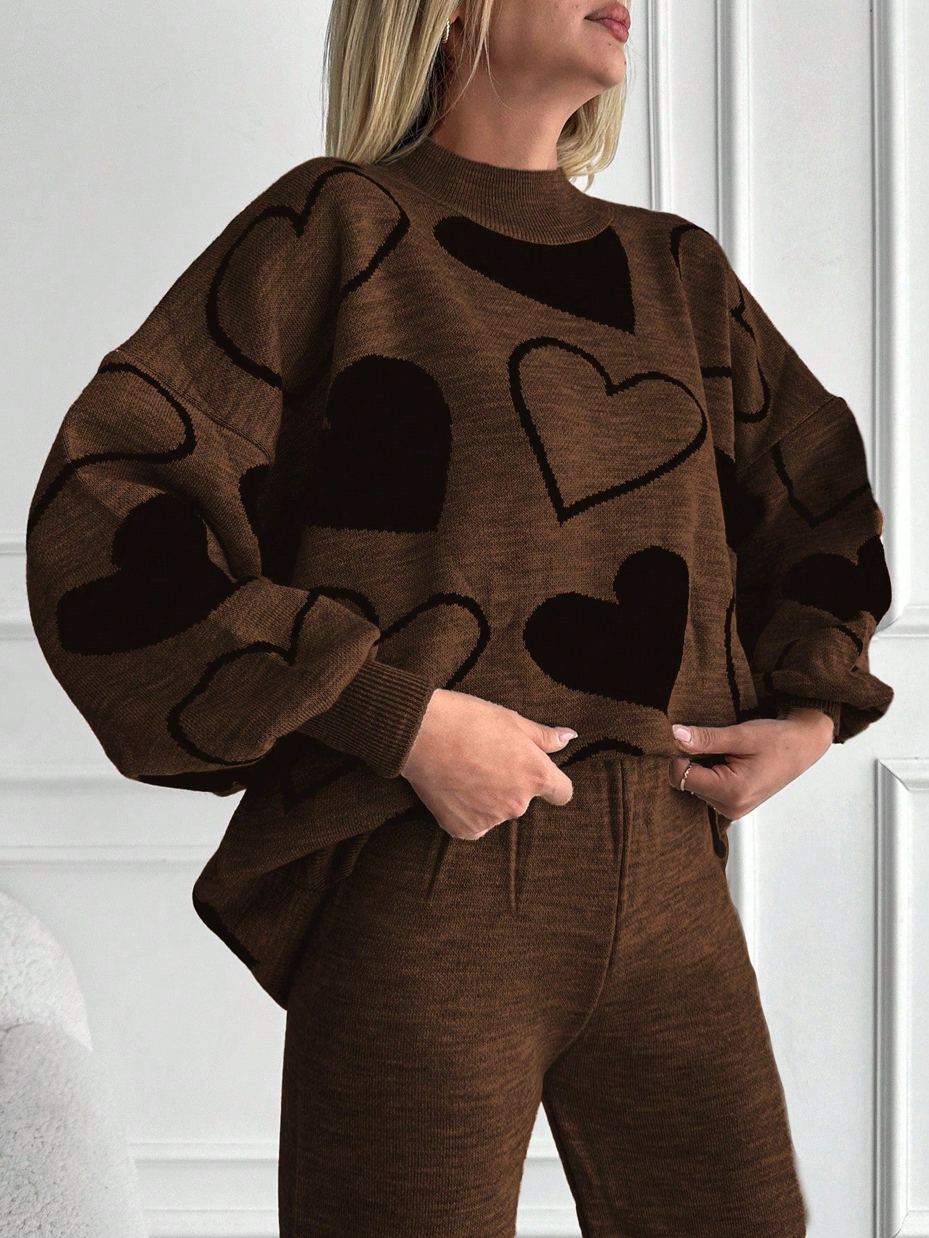 Casual Heart Graphic Lantern Sleeve Sweater And Ankle Length Pants Set (2 Pcs Set)