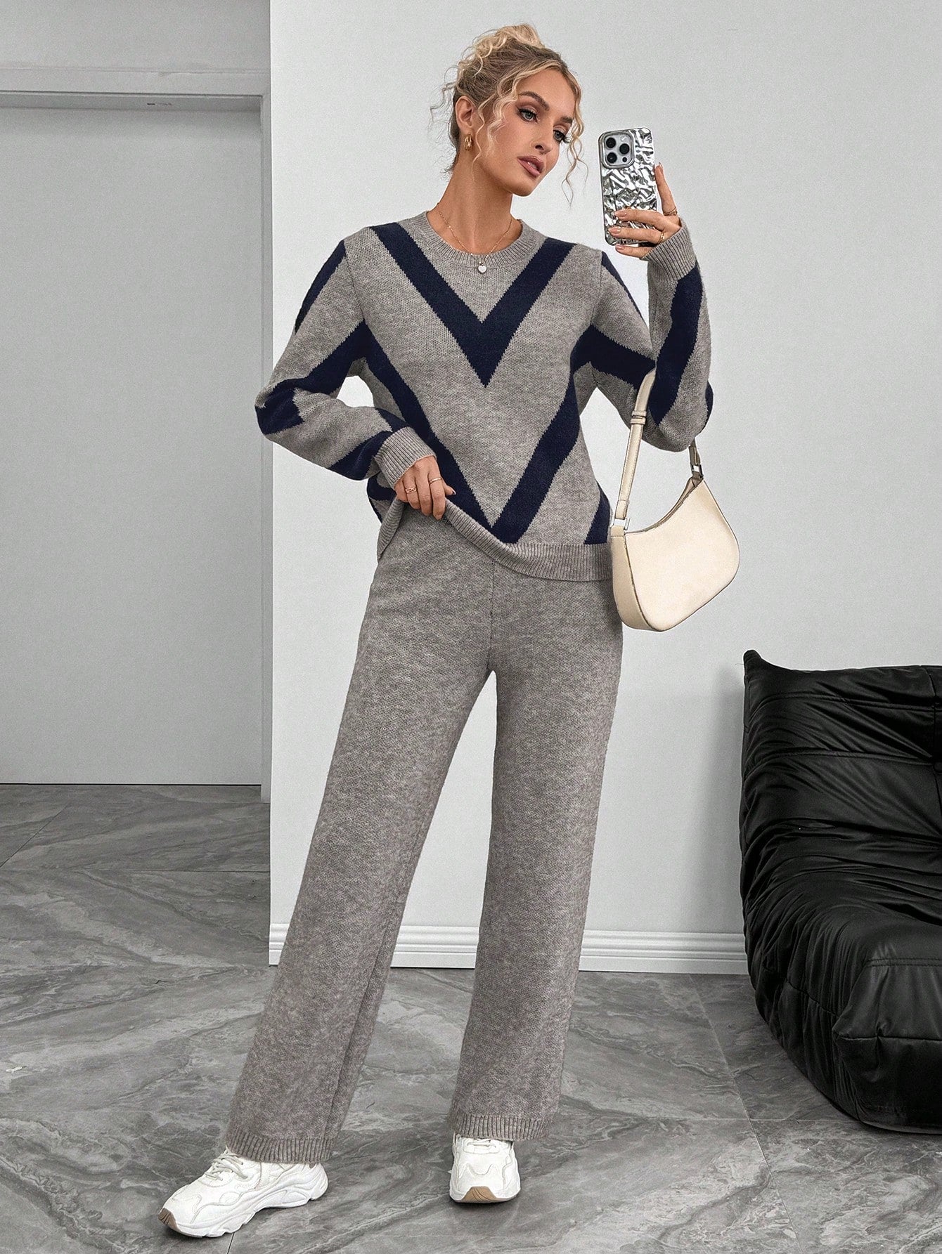 Trendy Color Block V-Neck Sweater & Pants Set (2 Pcs Set)