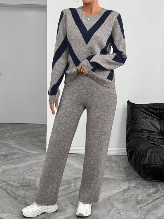 Trendy Color Block V-Neck Sweater & Pants Set (2 Pcs Set)