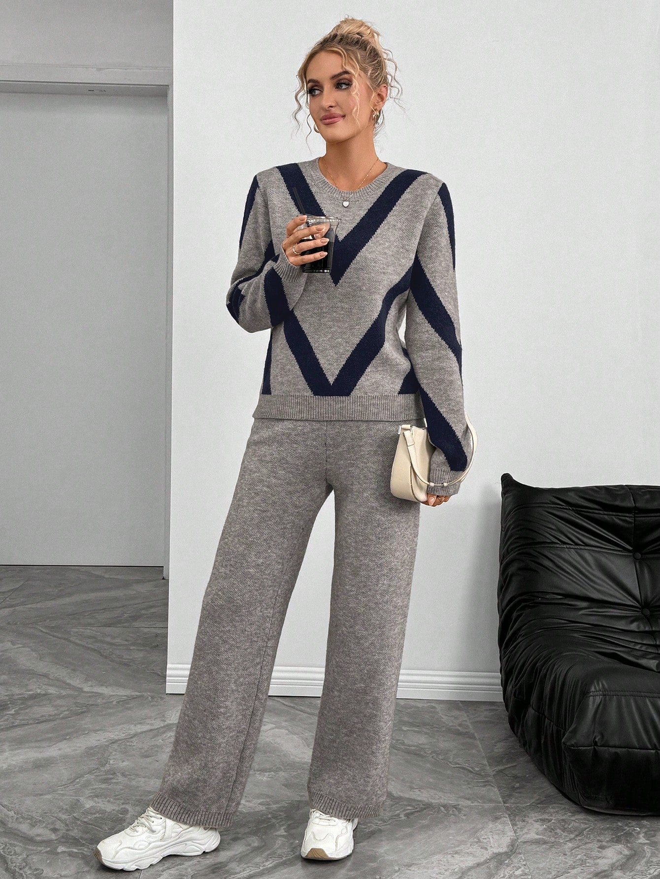 Trendy Color Block V-Neck Sweater & Pants Set (2 Pcs Set)