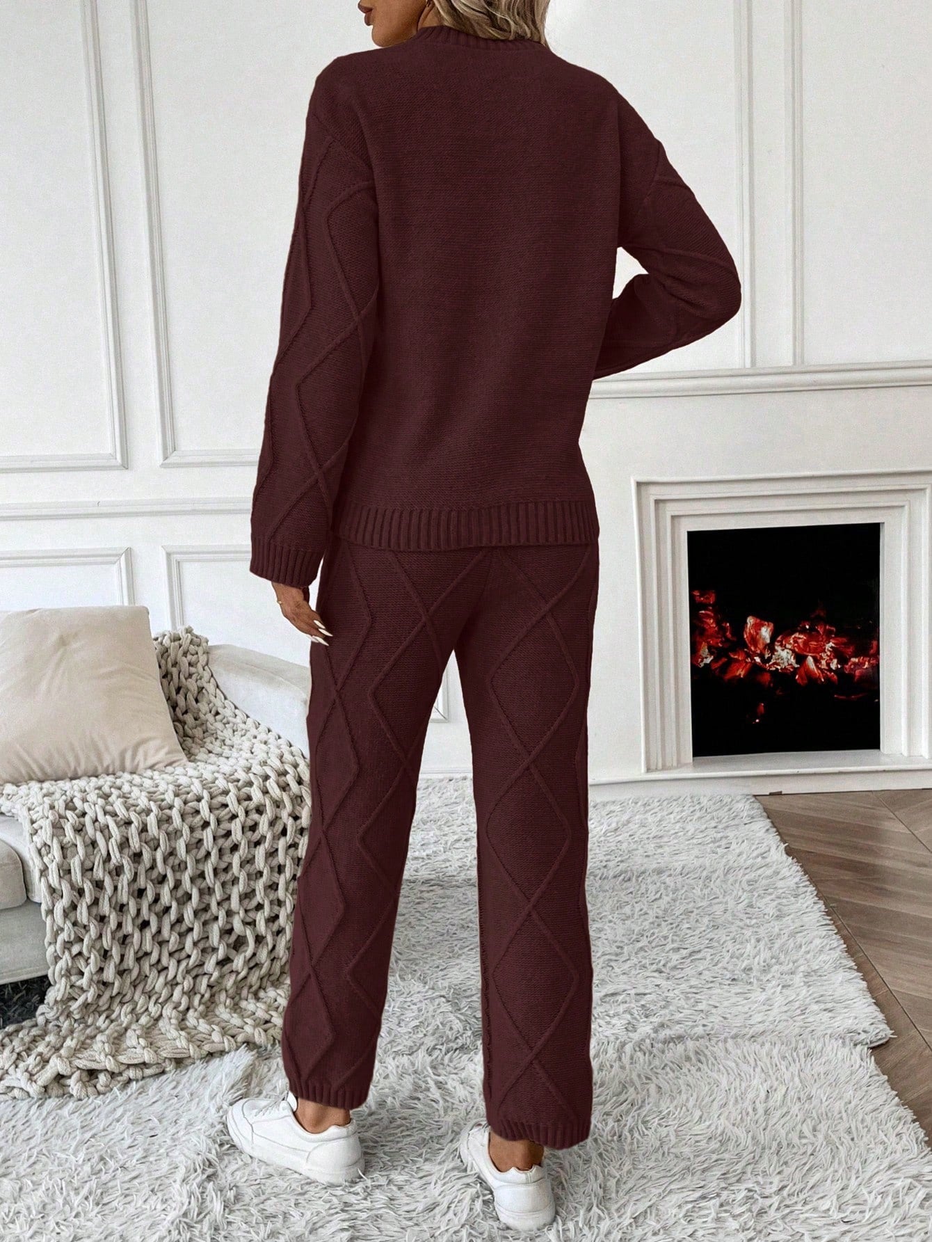 Solid Color Stand Collar Long Sleeve Top And Pants Casual Sweater Set (2 Pcs Set)