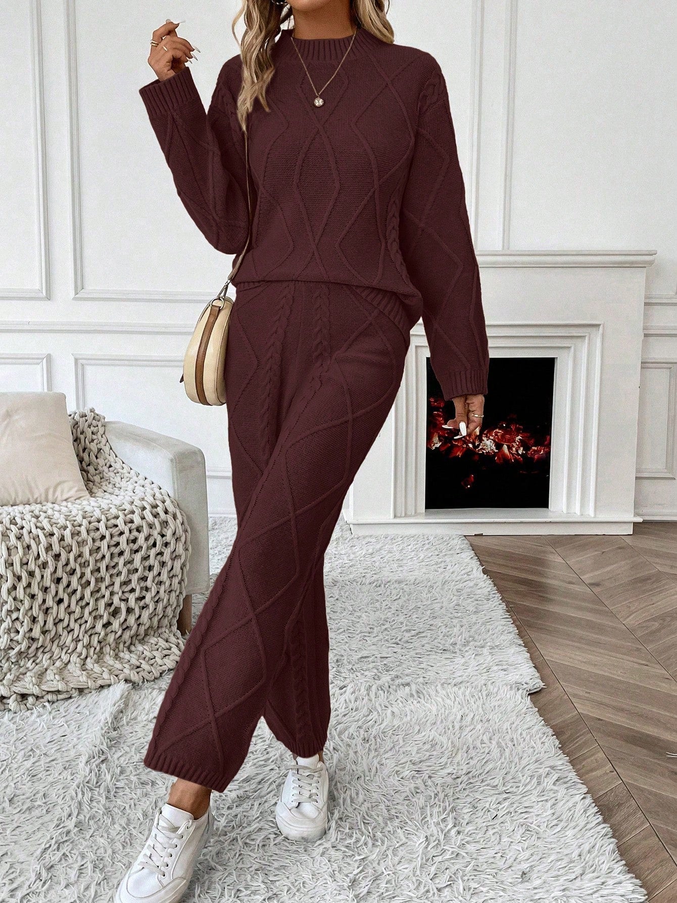 Solid Color Stand Collar Long Sleeve Top And Pants Casual Sweater Set (2 Pcs Set)