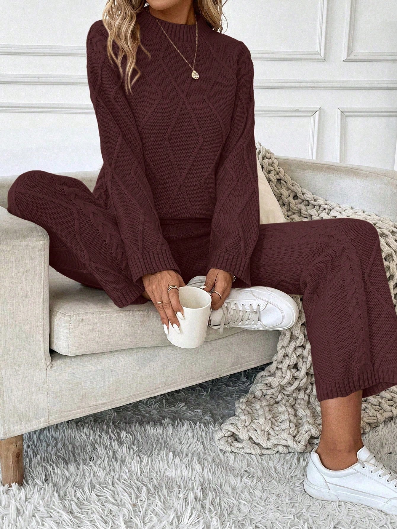 Solid Color Stand Collar Long Sleeve Top And Pants Casual Sweater Set (2 Pcs Set)