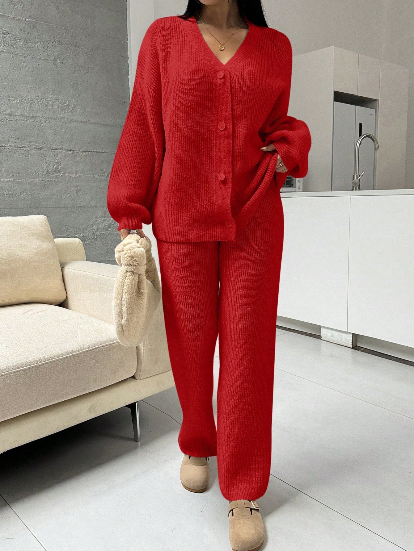 Drop Shoulder Striped Pullover Sweater And Straight Knit Pants Set (2 Pcs Set)